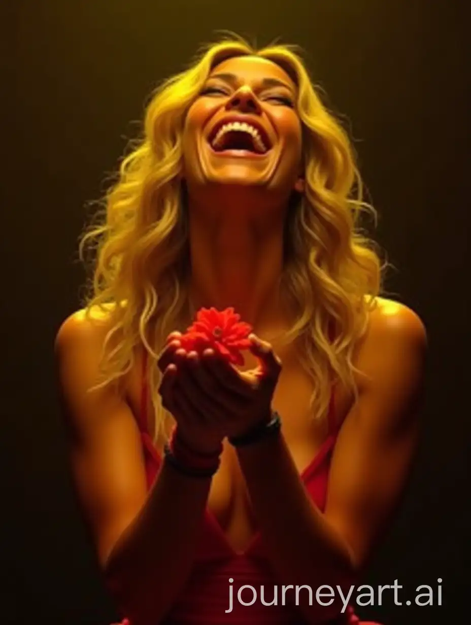 Shakira-Giving-a-Red-Flower-and-Laughing-Under-Yellow-Light