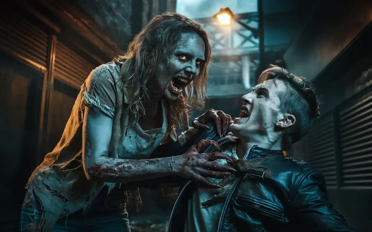 Zombie-Woman-Attacking-Young-Man-in-Dimly-Lit-Urban-Alley