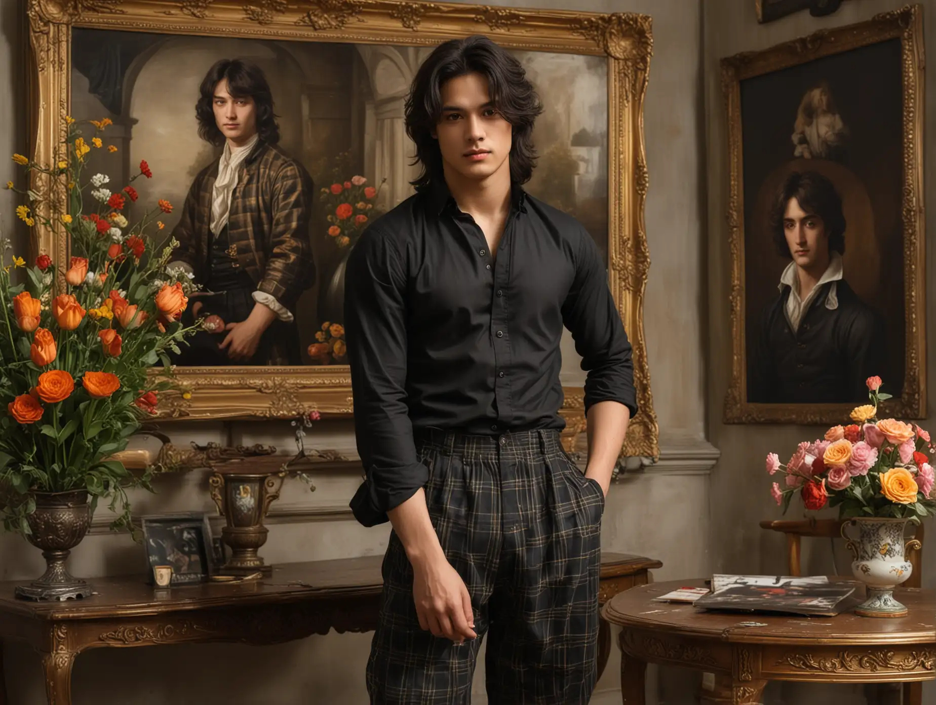 V BTS stands facing the camera with a masculine pose, his hair is black, he is wearing a short-sleeved shirt with a checkered pattern and long pants, behind him there is a realistic painting of Isaac Newton with a gold frame, and there is a small table with a vase of flowers under the painting.