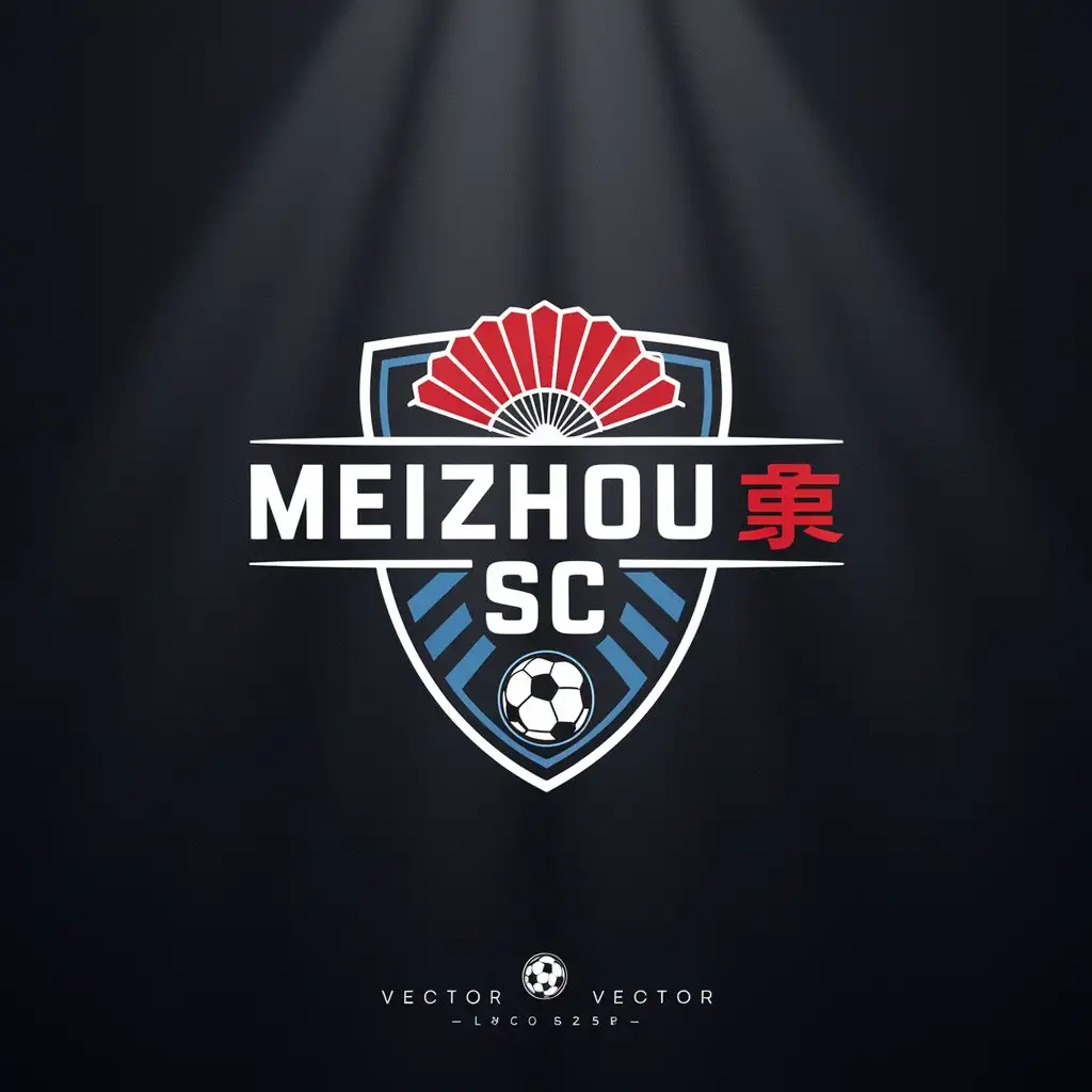 LOGO Design for Meizhou SC Thin Shield Shape with Chinese Fan Ball Red Blue Theme in Soccer Club Style