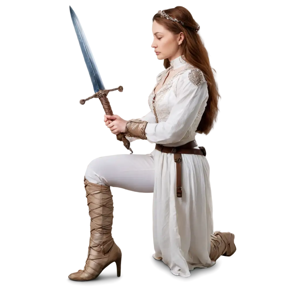 Renaissance-Woman-in-White-Profile-Kneeling-Holding-a-Sword-PNG-Image