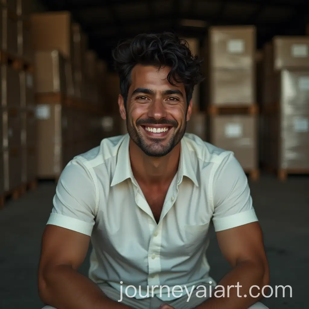 Smirking-Man-in-Relaxed-Pose-in-Dimly-Lit-Warehouse