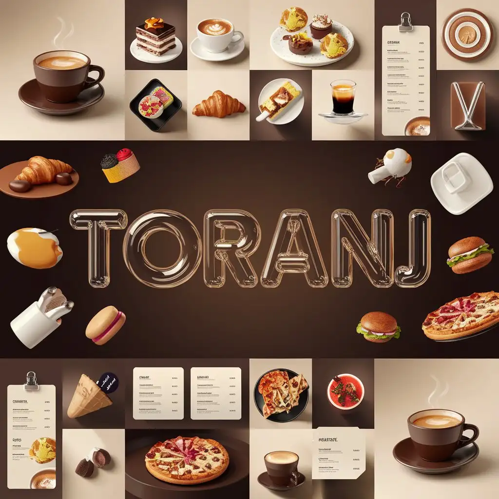 A stylish and modern 1:1 banner featuring the brand name Toranj in the center with a bold, 3D, eye-catching font. The text should look vibrant, glossy, and ultra-cool. Surrounding the brand name, there should be high-quality 3D objects related to food, café culture, and dining, such as a steaming cup of coffee, delicious desserts, croissants, ice cream, pizza, burgers, and elegant café menus. The lighting should be professional, with a premium and inviting atmosphere. The overall theme should feel modern, warm, and visually stunning.