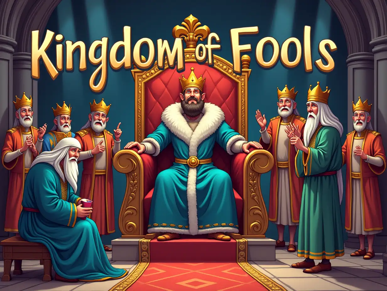 A visually engaging thumbnail for the story 'Kingdom of Fools Summary.' The design should depict a foolish king sitting on a grand throne, wearing an exaggerated crown, and making irrational decisions. Surrounding him, confused ministers and citizens should showcase their absurd actions, such as sleeping during the day and working at night. A wise saint and his disciple should be shown observing the chaos, symbolizing wisdom versus foolishness. The background should have a medieval kingdom setting with a mix of vibrant and dark tones, representing the absurdity of the rule. The title 'Kingdom of Fools Summary' should be bold and clearly visible for readability. The overall design should be engaging, clean, and professional, suitable for an educational or storytelling audience.