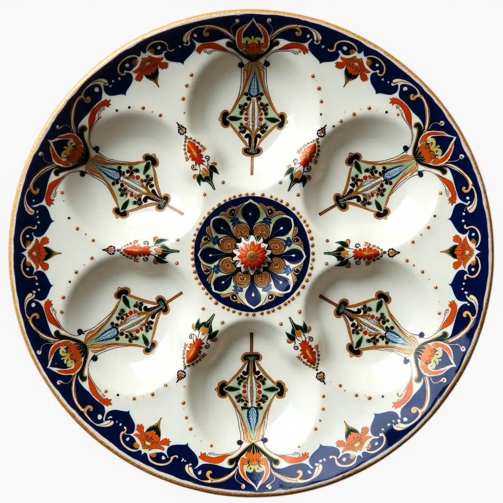 Three divided circle ceramic tray plate with embossed beautiful ceramic handle, Underglaze painting on white body, Fine art, Hyper detailed, Antique and old, Qajar art, Iranian Tabriz carpet design