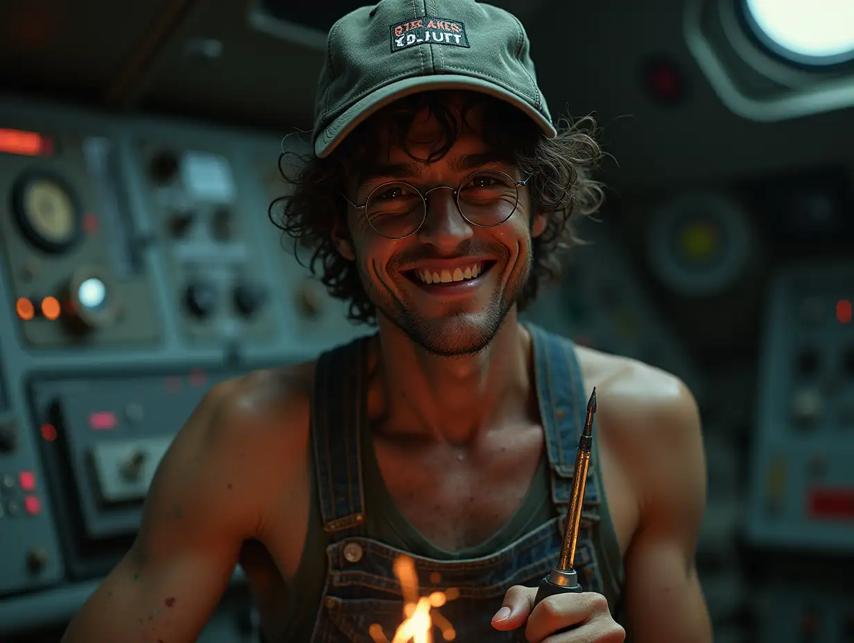 Morbid skinny man, mid 30s, curly hair, with a trucker cap, pizza written in cap, he is very sweaty, he holds a screwdriver, wears a worn and dirty wife beater, no long sleeves, wears a worn and dirty jean, wears small round glasses, he is in a messy spaceship cockpit, dark and retrofuturistic aesthetic, cyberpunk, he is badly shaven, skin with dirt stains, he smiles at the camera, Zenithal lighting, control panel in the background with lots of indicators, Control panel is grey and worn off. low global light, electric sparks in the foreground.