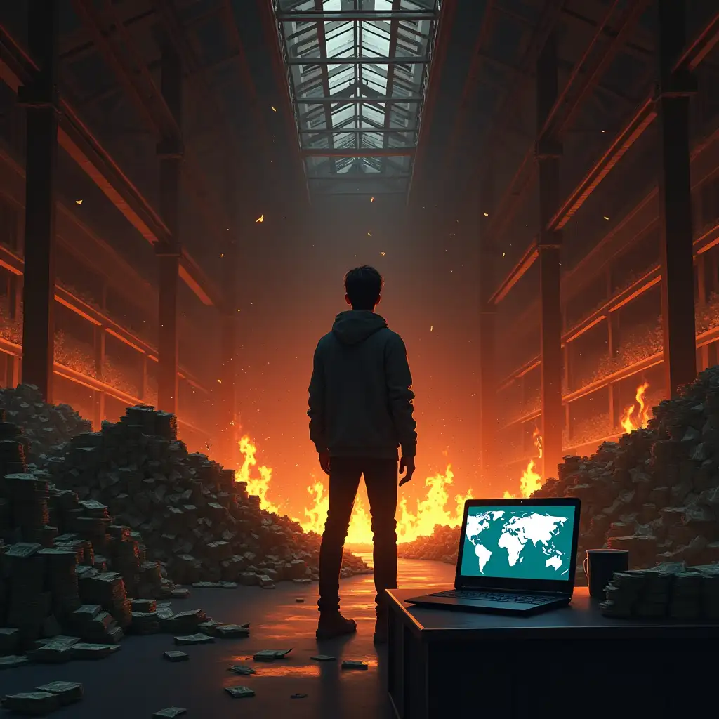 Mysterious-Warehouse-with-Burning-Money-and-Gaming-Laptop-in-Ghibli-Style