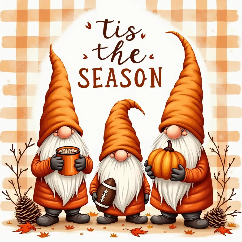 Vector illustration. the text 'Tis The SEASON' above it. Three autumnal gnomes standing in a forest. The gnome on the left holds a mug of hot cocoa, the gnome in the middle holds a football, and the gnome on the right holds a pumpkin. Surrounding them are fallen leaves, pine cones, and branches. The background is a checkered pattern in orange and white. Watercolor