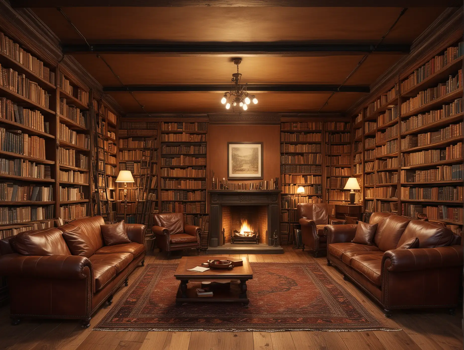 Cozy Library Scene with Fireplace and Vintage Books