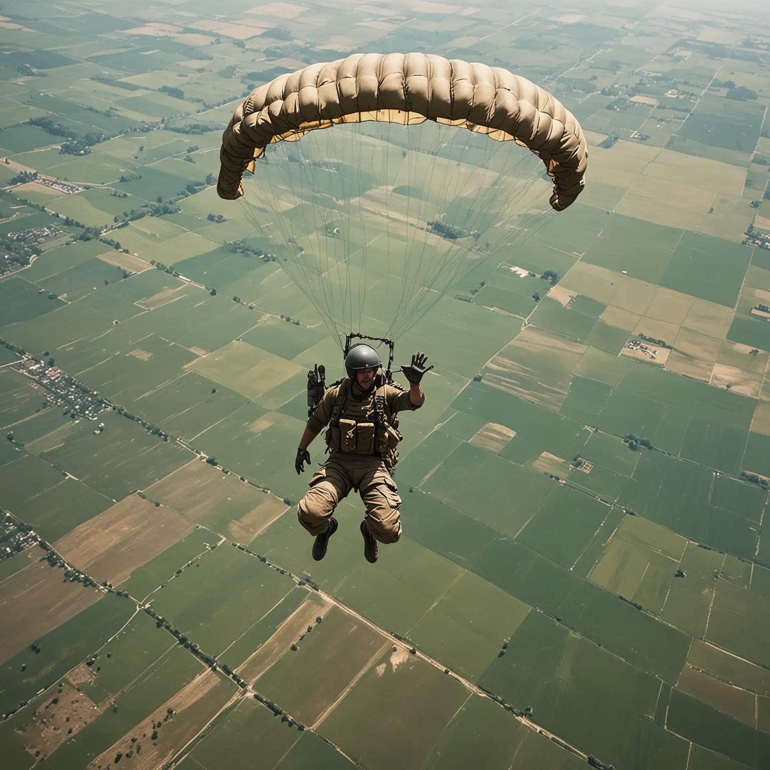 Paratrooper-Descending-Over-Lush-Fields-with-Distant-Plane