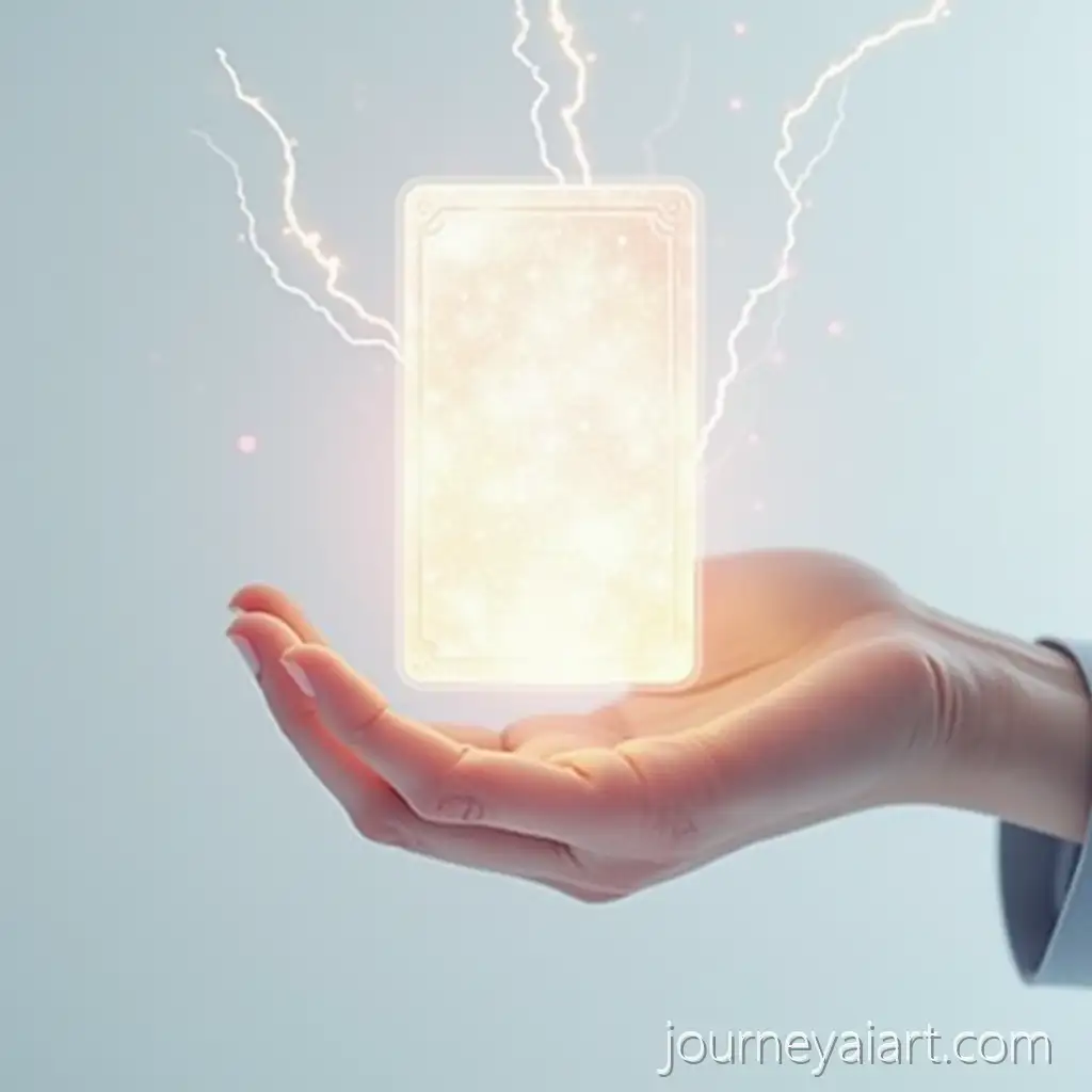Glowing-oracle-card-connectionGlowing-Oracle-Card-with-Energy-Transfer-to-Hand-in-Ethereal-Cyberpunk-Setting