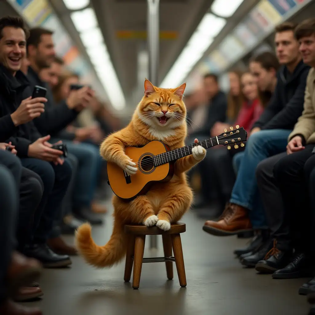 a ginger cat sitting on a stool in a subway passage, deftly strumming his guitar, playing melodies that make even the busiest people stop. His tail sways rhythmically to the beat of the music, and his eyes sparkle mischievously. Passers-by smile in surprise, and some stop to listen and film this incredible performance. The camera captures how the subway fills with the sounds of music and laughter, creating an atmosphere of magic in the hustle and bustle of everyday life