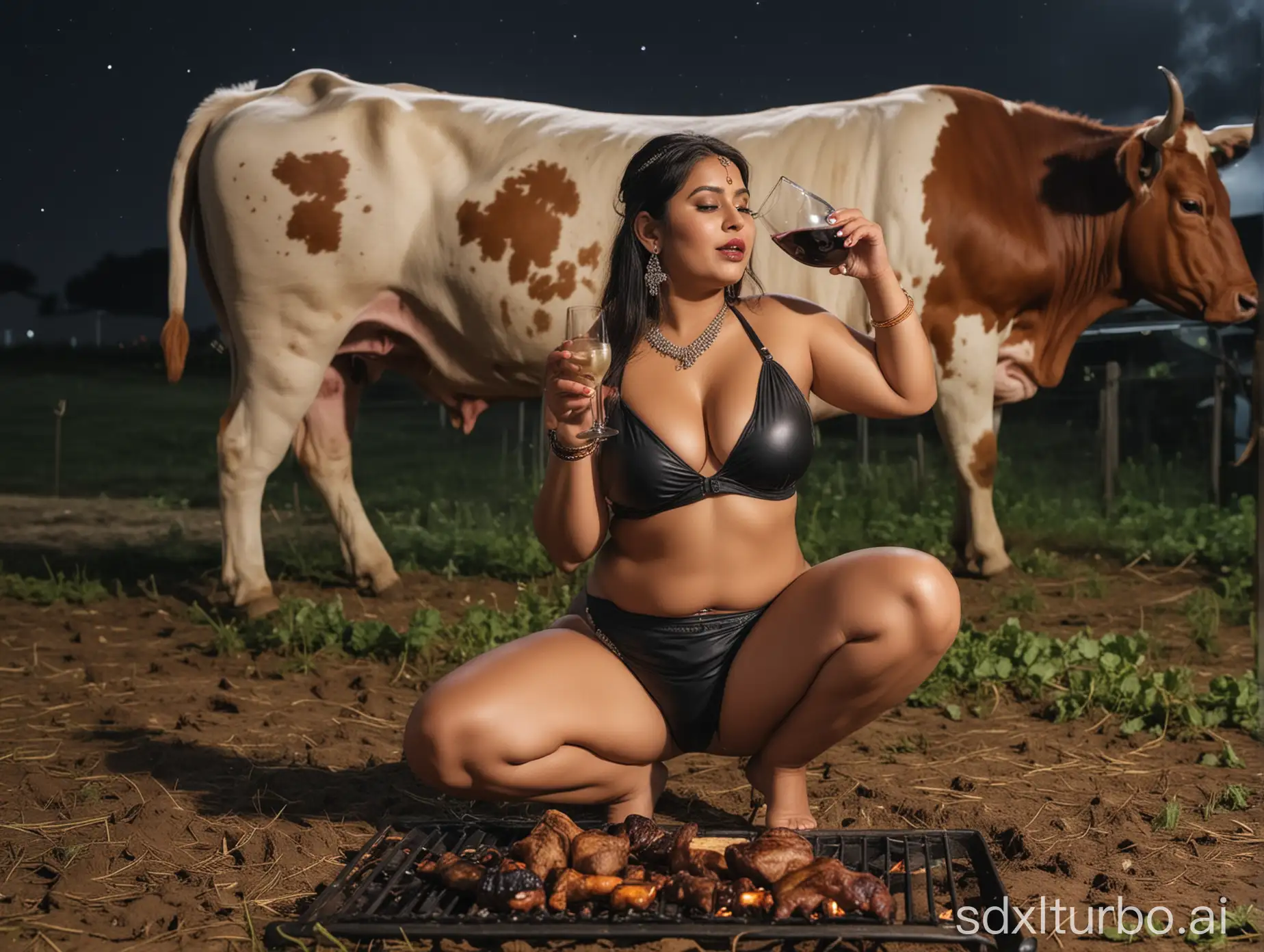 Indian-Woman-Enjoying-Wine-and-Roasting-Whole-Cow-at-Night