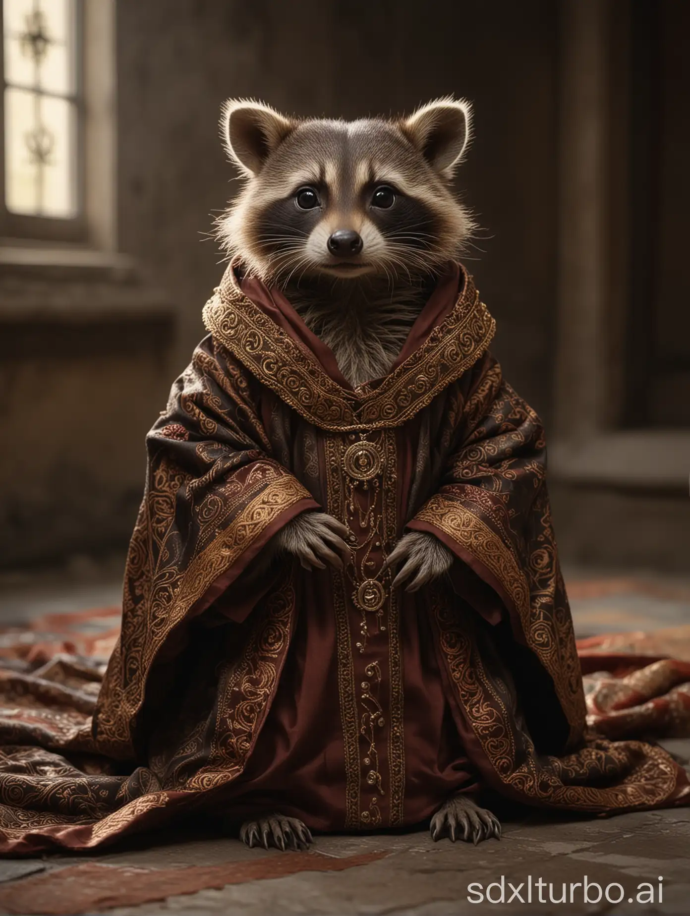 A cinematic shot of a baby racoon wearing an intricate italian priest robe.