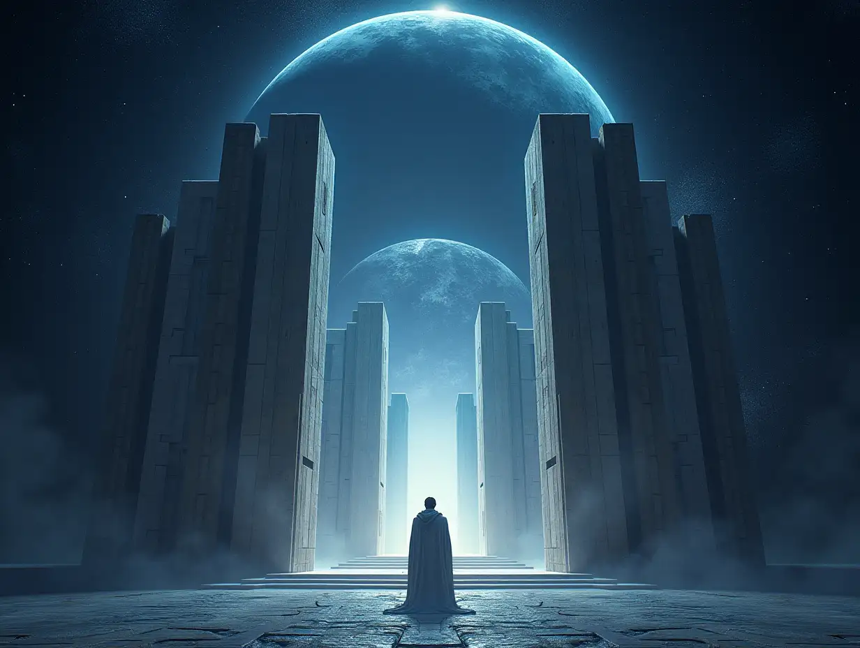 Create an image of a city in space, set against a starry sky or other space environment. The gates of the city are two pearls 12 metres in diameter each, with a passage in the middle. In the centre of the city stands a throne, but this is not the main focus. The background shows a man in a cloak kneeling before the throne. The effect of a goal achieved after a long journey and hard trials. The emotional atmosphere of the picture should be solemn and joyful, with a sense of completion of a long-awaited goal. The image should be of high quality, with bright colours and smooth lines