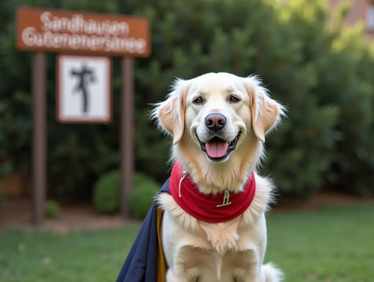 user_prompt: create a dog with tour guide cloak  in Málaga. The dog is a white Golden Retriever. The dog is sitting in a garden in front of the Sandhausen Gutenbergstraße sign.