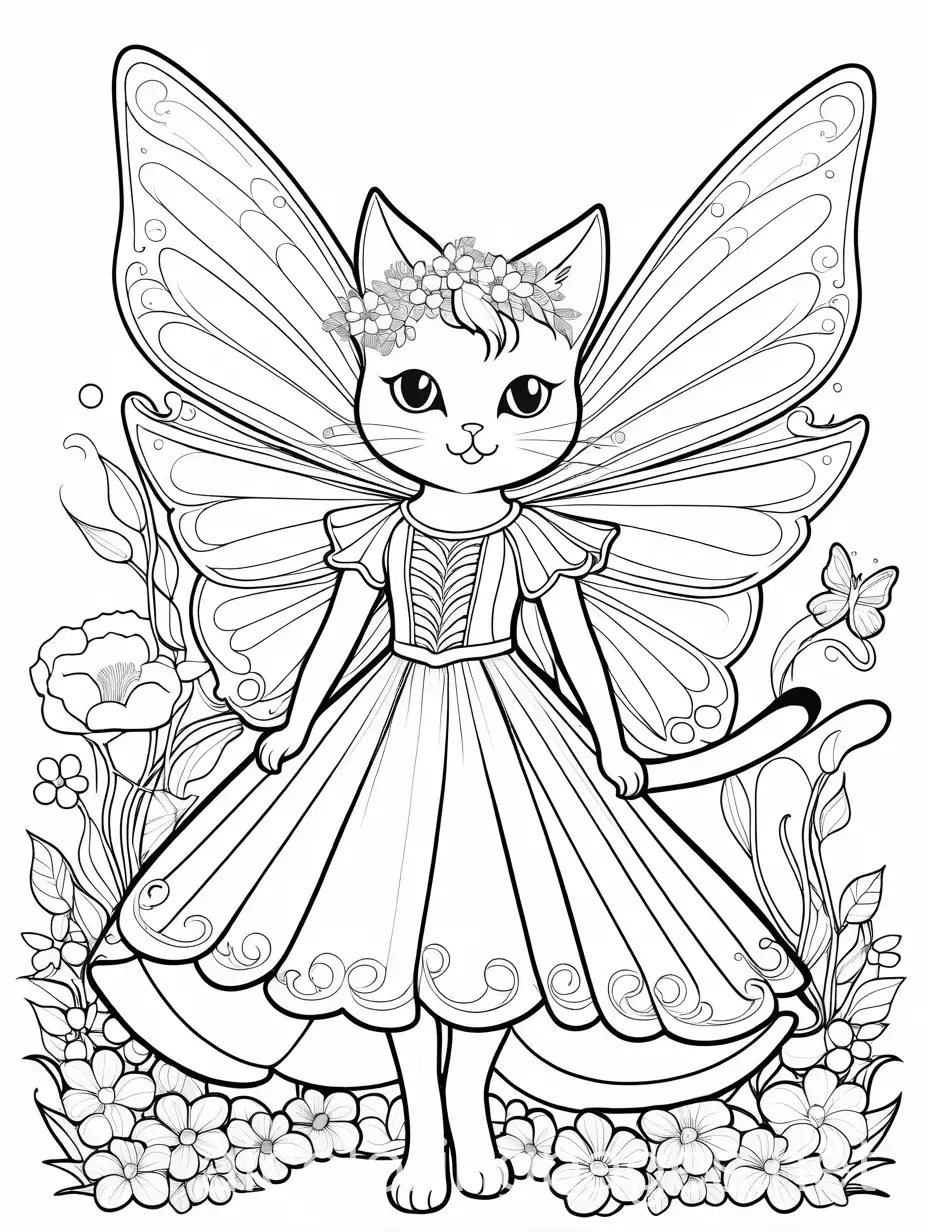 Flower-Dress-Cat-Fairies-Coloring-Page