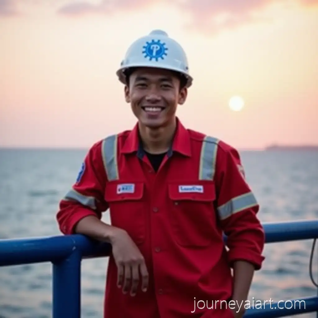 Young-Indonesian-Man-in-Maritime-Work-Uniform-Relaxing-on-Boat-at-Sunset