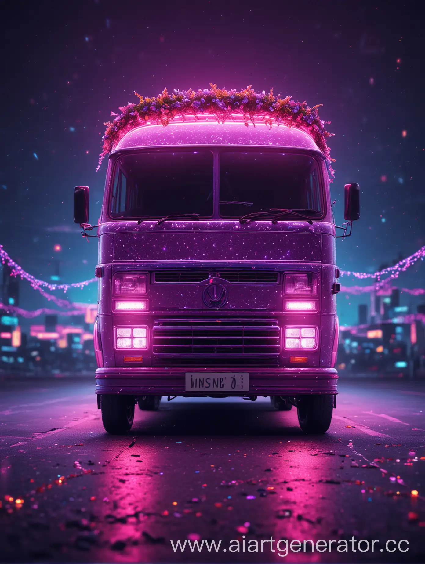 neon minibus in the synthwave style, glitter of micro garlands on the roof, maximum detail, focus, panoramic background