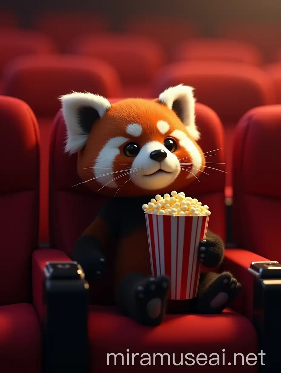 Red Panda Enjoying Movie Night with Popcorn in Cinematic Setting