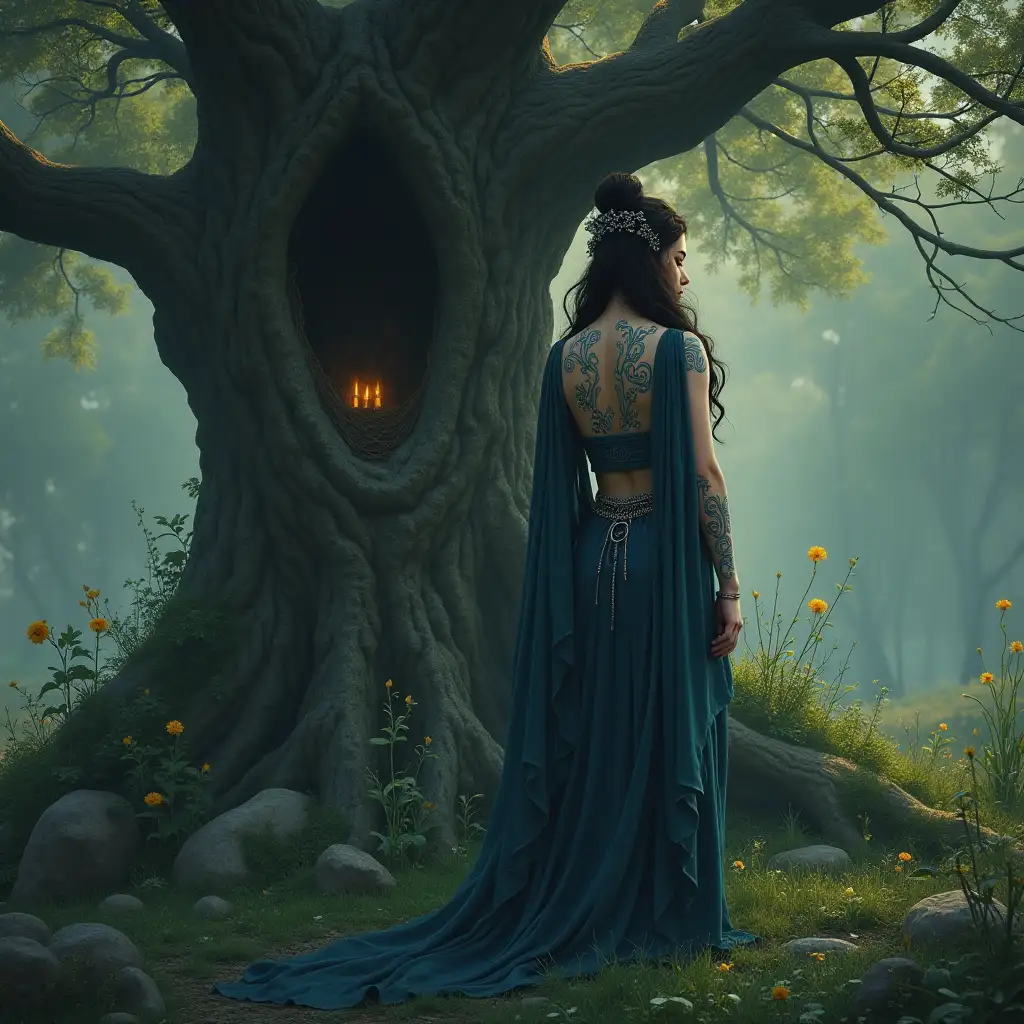 A druidic Sidhe figure standing protectively near a sacred oak tree or ancient well. Tattooed with blue spirals. Nature is vibrant and alive around her—birds, flowers, and wind respond to her. Dark and mysterious, reverent tone, atmosphere.