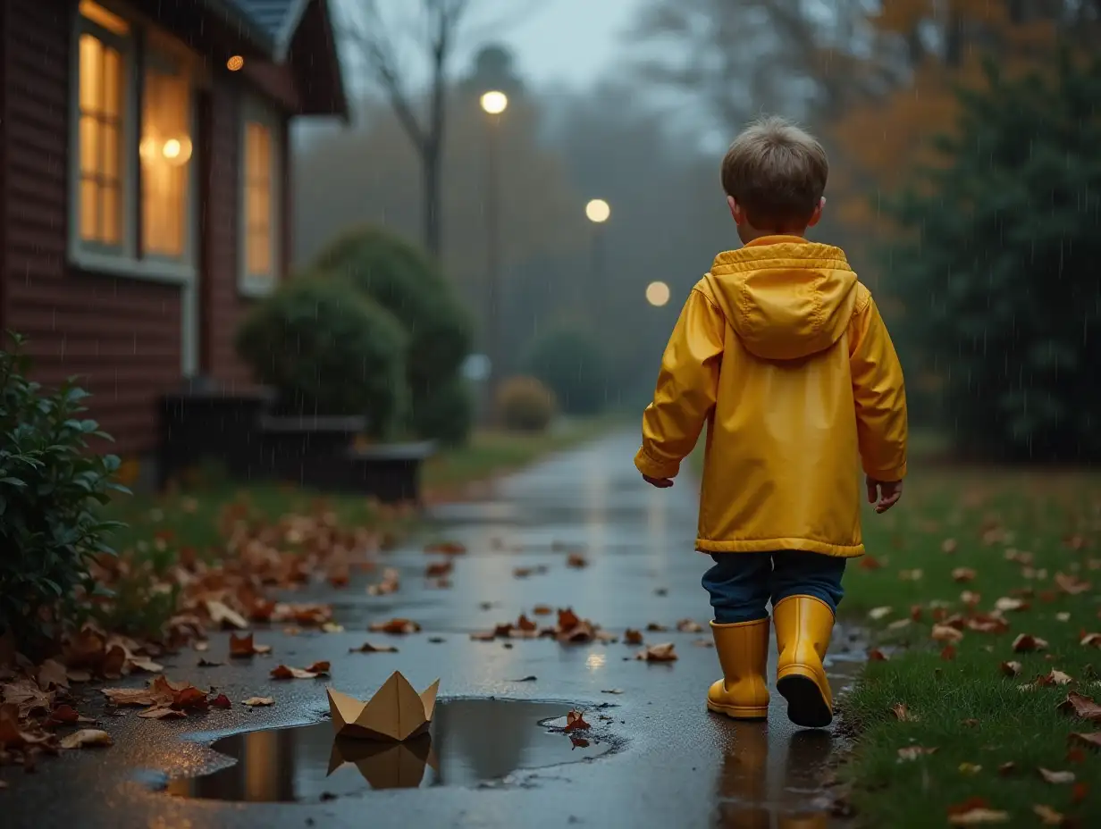 Boy-in-Yellow-Raincoat-Watching-Paper-Boat-in-Rainy-Evening