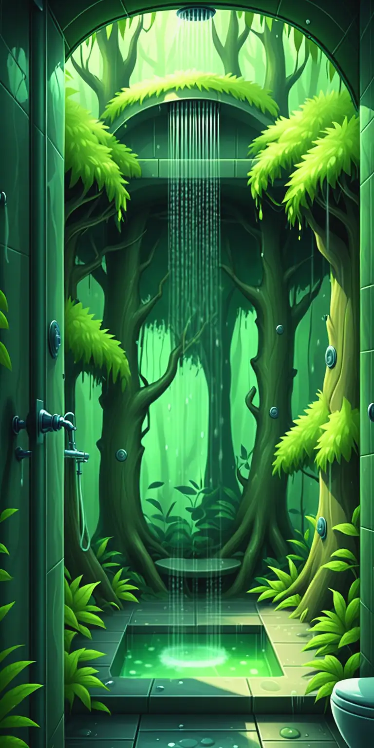 Fantasy Game Scene Inside a Shower Cabin Surrounded by a Green Forest