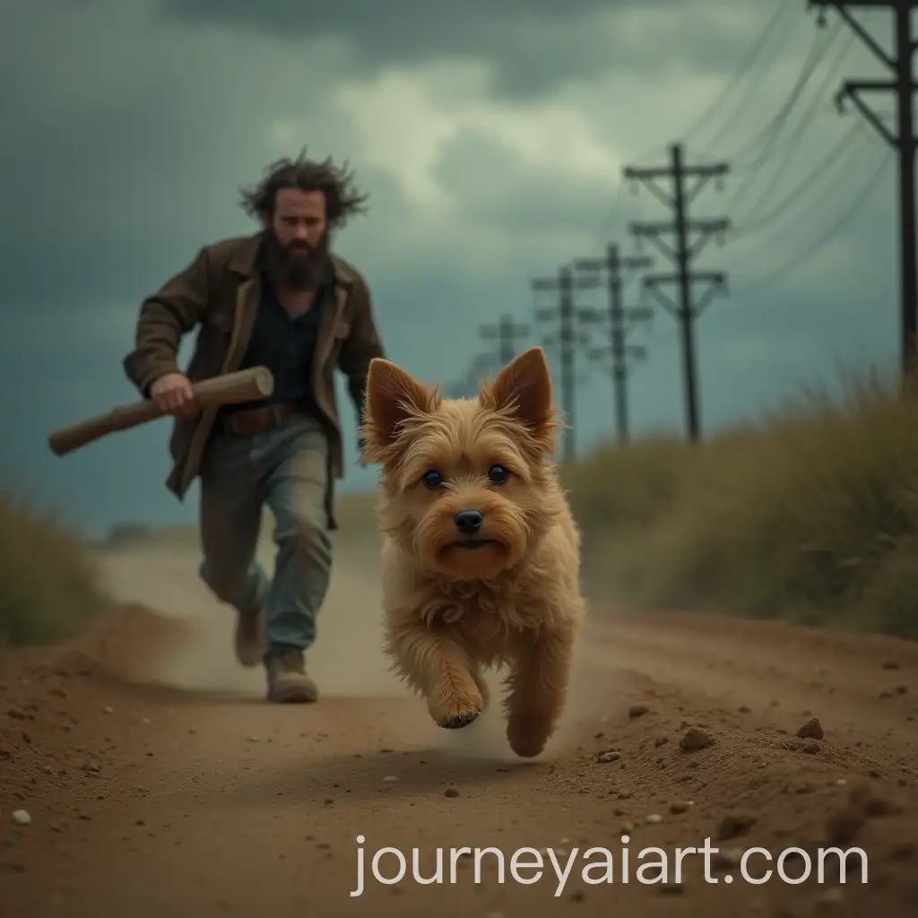 Fluffy-Brown-Dog-Running-from-Rugged-Man-in-Stormy-Scene