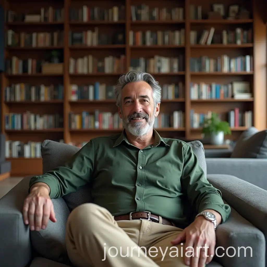 Mature-Man-Relaxing-in-a-Sophisticated-Living-Room-with-Bookshelf-Backdrop