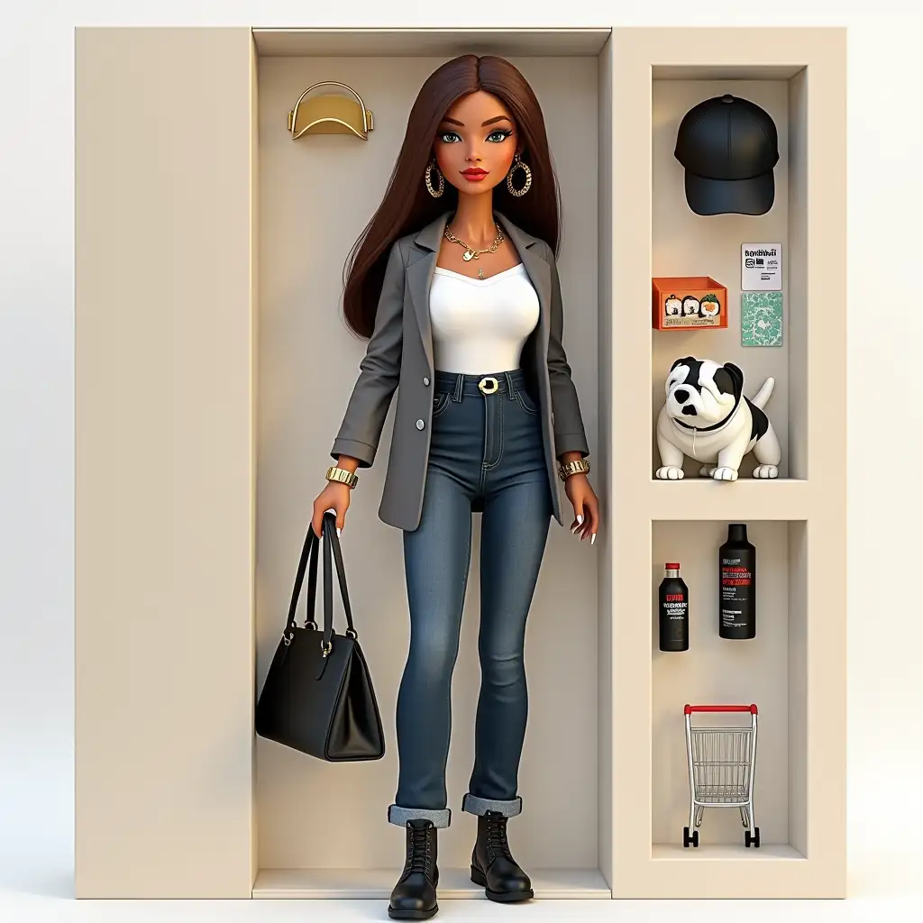 Create a collection doll figure in a minimalist packaging labeled as GDG, Based on the photo to draw my doll: medium tanned skin, curvy body with very large breasts, form-fitting, brown straight hair, medium length, gold hoop earrings, large golden earcuff, gold wrist bracelet, visor cap, fleshy light red lips, greenish brown eyes with black eyeliner, Wear high waist jeans that are wide, white t-shirt, gray blazer, hermes black bag and high black boots. In a part of the packaging should appear the Accessories section that includes: a white and black French bulldog, zero coke bottle, netflix tv, sushi box, Totti's shirt, trolley, airline tickets and sunscreen