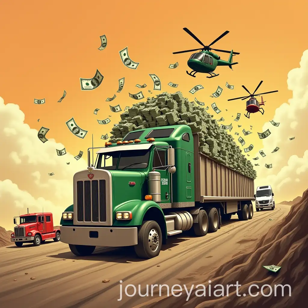 Money-Truck-Driving-on-Dirt-Road-with-Overflowing-Cash