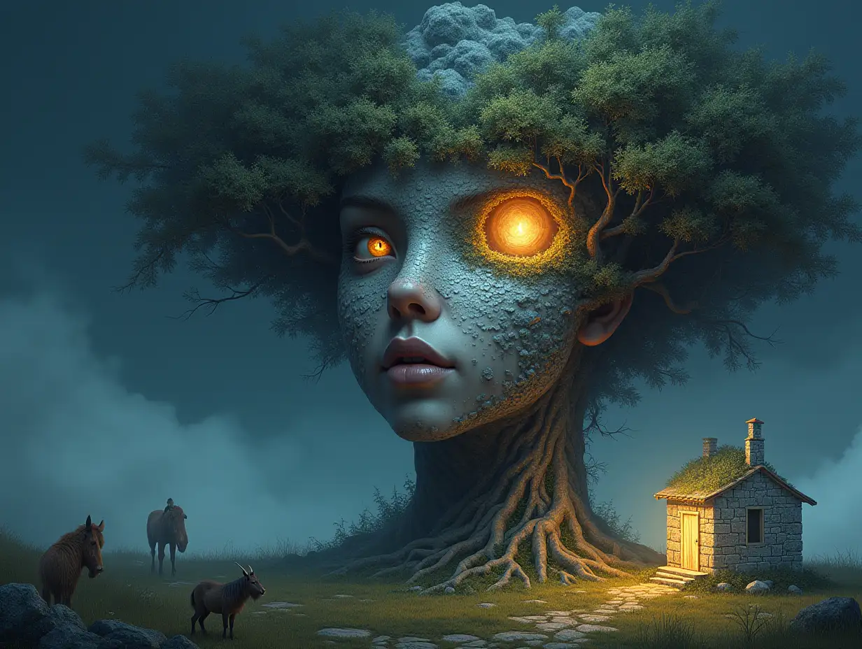 Creating a digital painting of a face with hair transforming into a building with silver stones and illuminated trees with roots and lantern on a meadow with animals