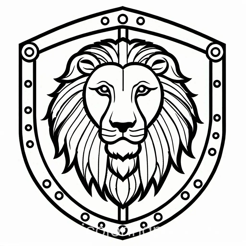 draw me a medieval shield with a lion, Coloring Page, black and white, line art, white background, Simplicity, Ample White Space. The background of the coloring page is plain white to make it easy for young children to color within the lines. The outlines of all the subjects are easy to distinguish, making it simple for kids to color without too much difficulty