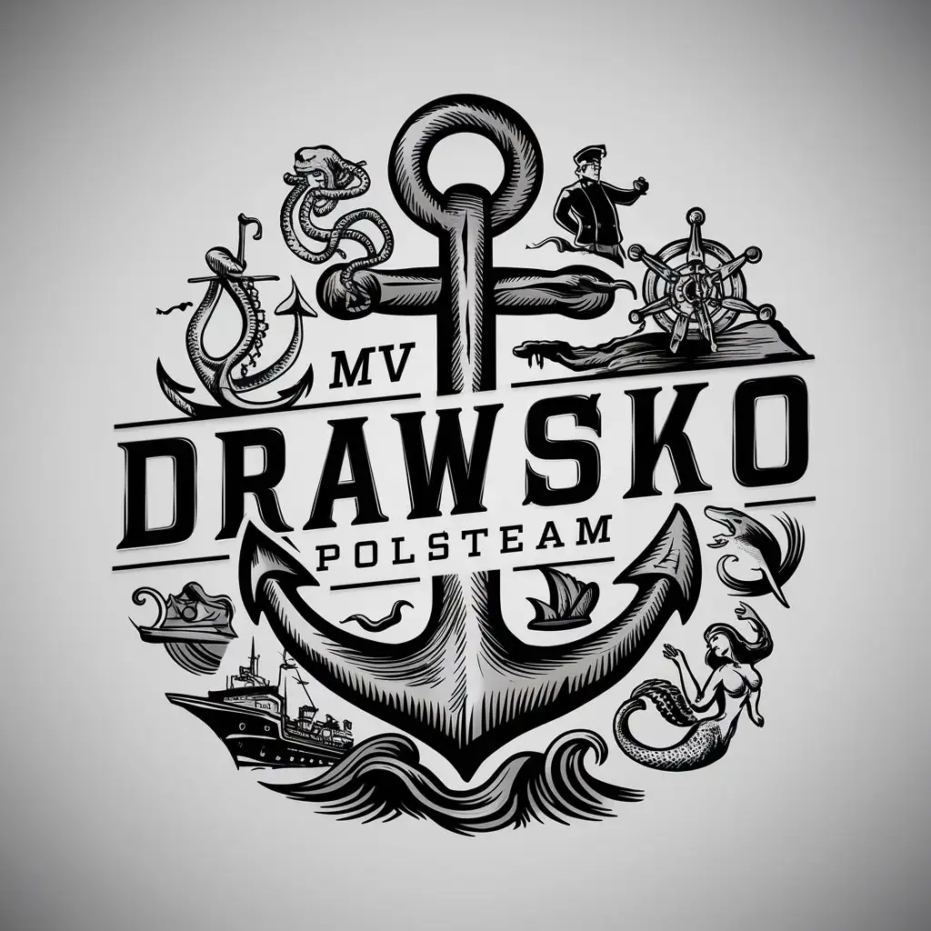 a logo design,with the text "Mv  Drawsko Polsteam", main symbol:Anchor, kraken, helm, captain, ship, wave, mermaid,complex,be used in Sailor industry,clear background