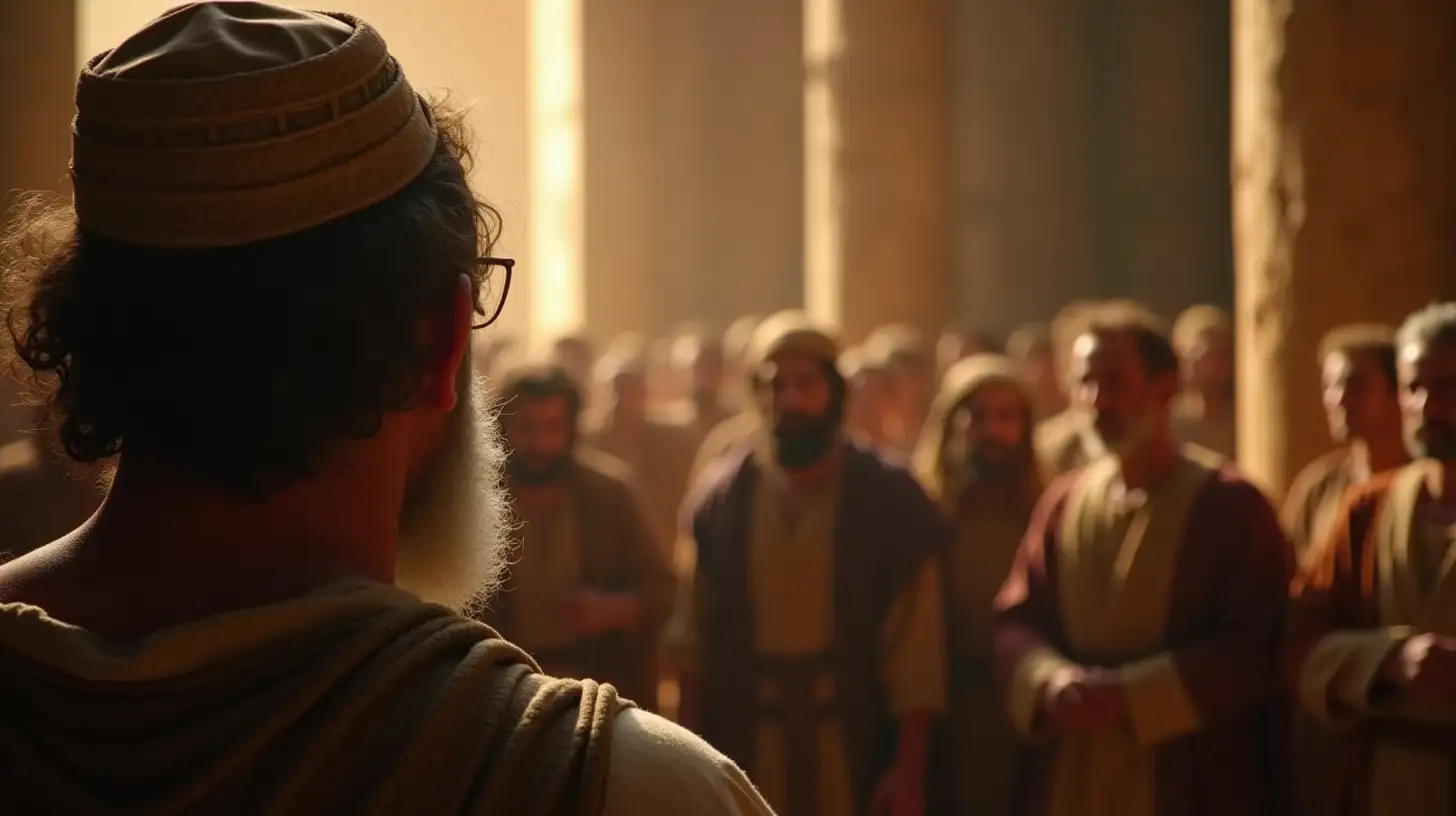 Middle Aged Man Speaking to Jewish People in Biblical Temple Setting