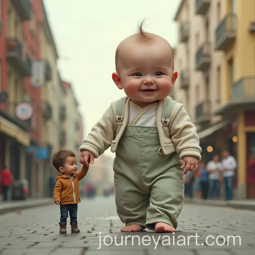 Giant-Baby-Walking-in-the-Street-Holding-Tiny-Adults-Hand