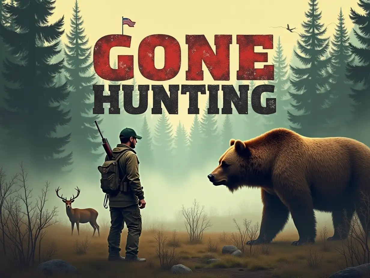 Vintage. Create a detailed scene of a hunter standing in a lush, misty forest during early morning. The hunter, in camouflage with a rifle slung over his shoulder, gazes at a massive bear to his right, showcasing realistic fur textures and a majestic presence. The text 'GONE Hunting' should be written in bold, colorful letters, with a grunge effect. In the background, tall evergreen trees contrast with the mist covering the forest floor, creating a serene atmosphere. On the opposite side, a deer stands alert, hinting at movement. Use soft earthy browns and greens, with a subtle American flag waving in the distance, symbolizing patriotism.