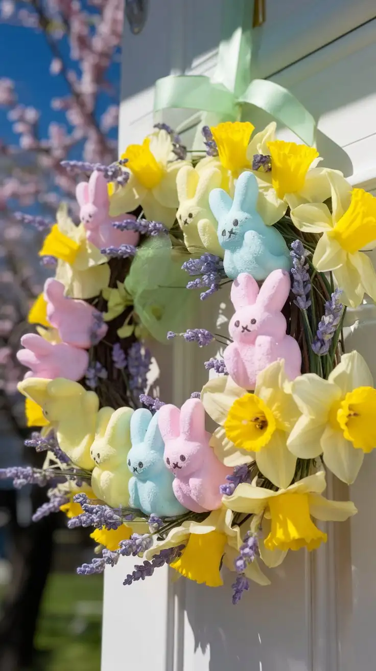 Eye-level, vibrant, cheerful Easter wreath, marshmallow Peeps bunnies in pastel yellow, pink, and blue arranged in a circle, interspersed with bright yellow daffodils and lavender sprigs, light green ribbon accents woven throughout, sunny outdoor lighting, shallow depth of field, background of a blossoming cherry tree, playful, whimsical, Easter candy decor, high resolution, 8k