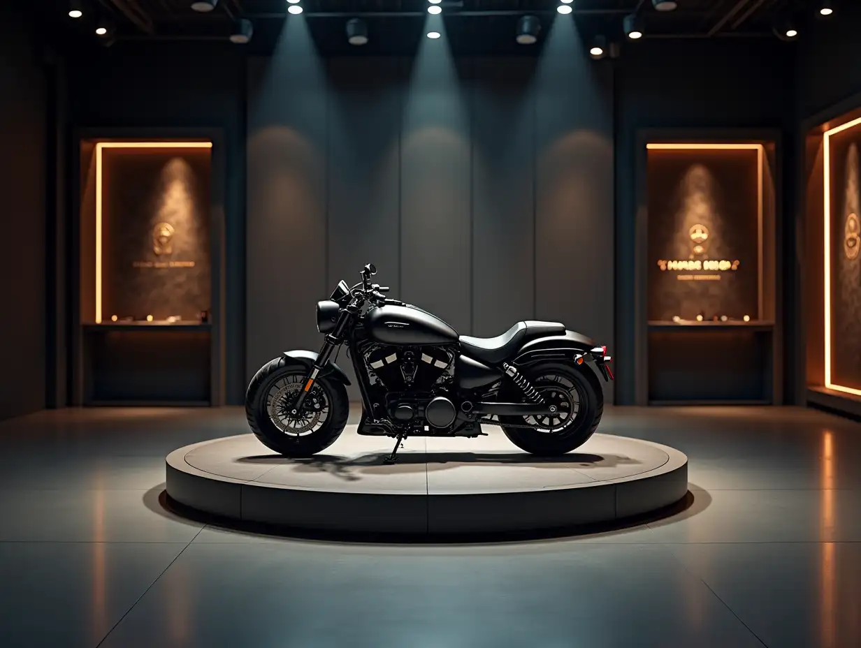 An elegant motorcycle showroom with a luxurious and modern design. The center stage is a circular, raised platform, left completely empty for inserting a motorcycle later. The scene is illuminated by focused, dramatic lighting, with sleek polished floors, stylish wall textures, and a sophisticated backdrop featuring subtle branding details. The atmosphere is premium and professional, designed to showcase high-end motorcycles. The image should have a vertical orientation with 4K resolution, emphasizing clarity and detail.