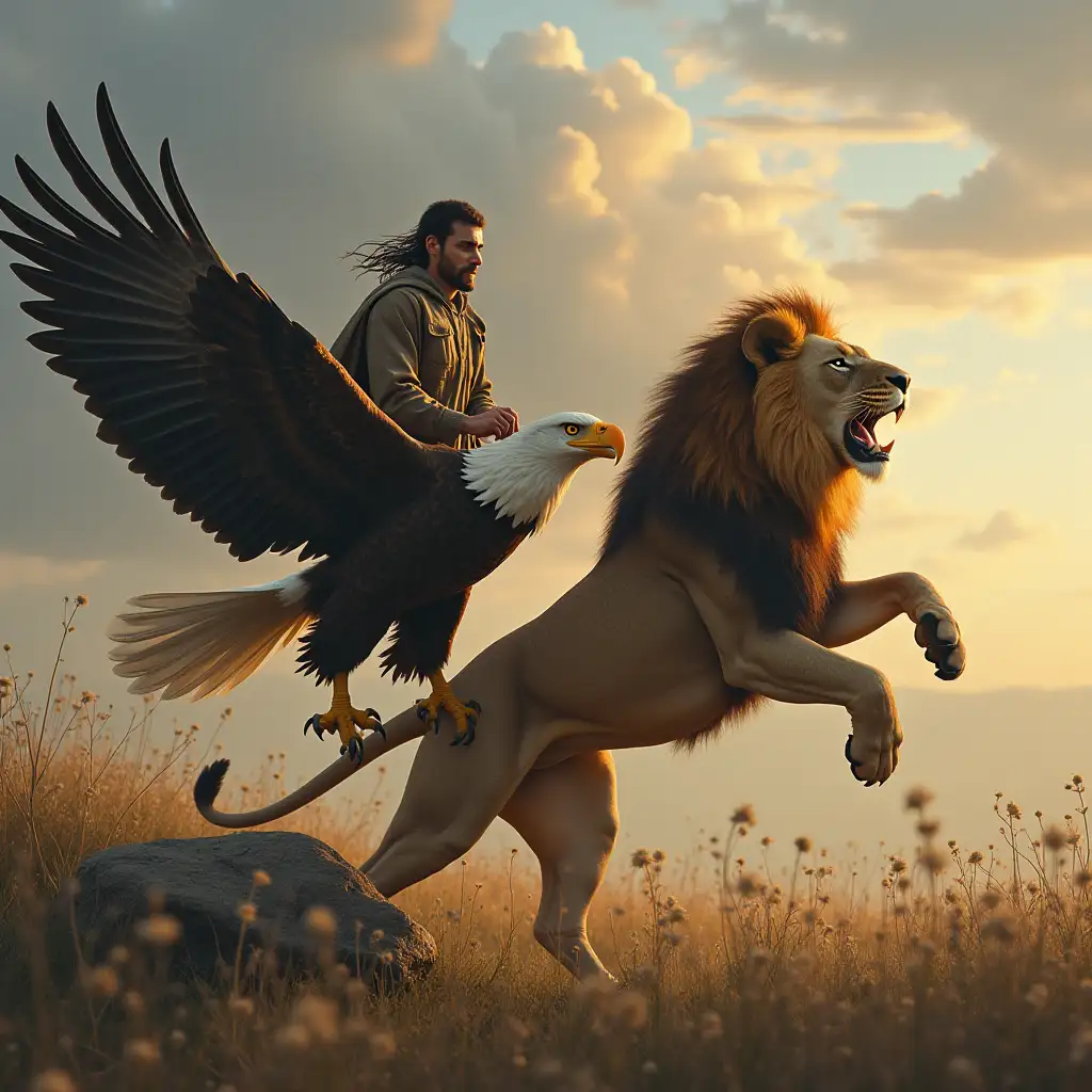 a man on an eagle and a man training to master a lion