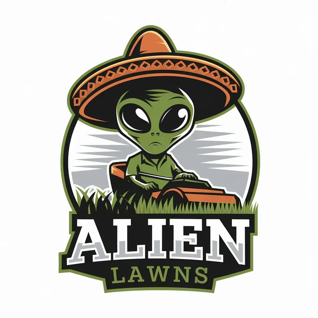 LOGO Design for Alien Lawns Alien Mowing a Lawn in Sombrero with Construction Theme