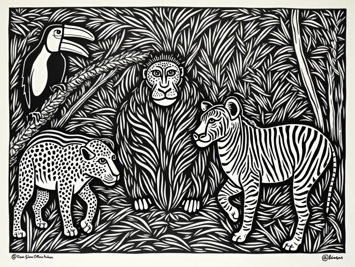 black and white, tropical rainforest animals, monkey, toucan, tiger, leopard, zebra, ecosystem, nature, lino print, lino cut, woodcut, vintage, 90s, 80s, global village coffeehouse