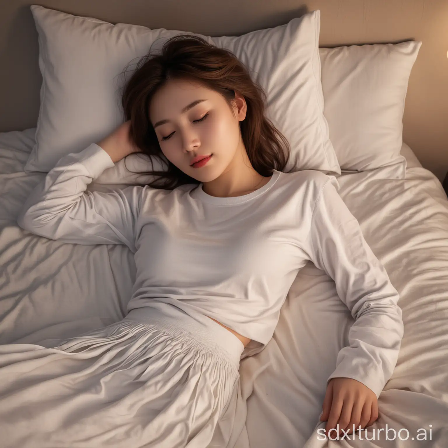 Chinese-Woman-Sleeping-on-a-Winter-Night-in-a-White-Outfit