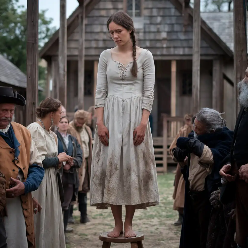 Sad Woman Standing on Wooden Stool in 1700s Texas Village