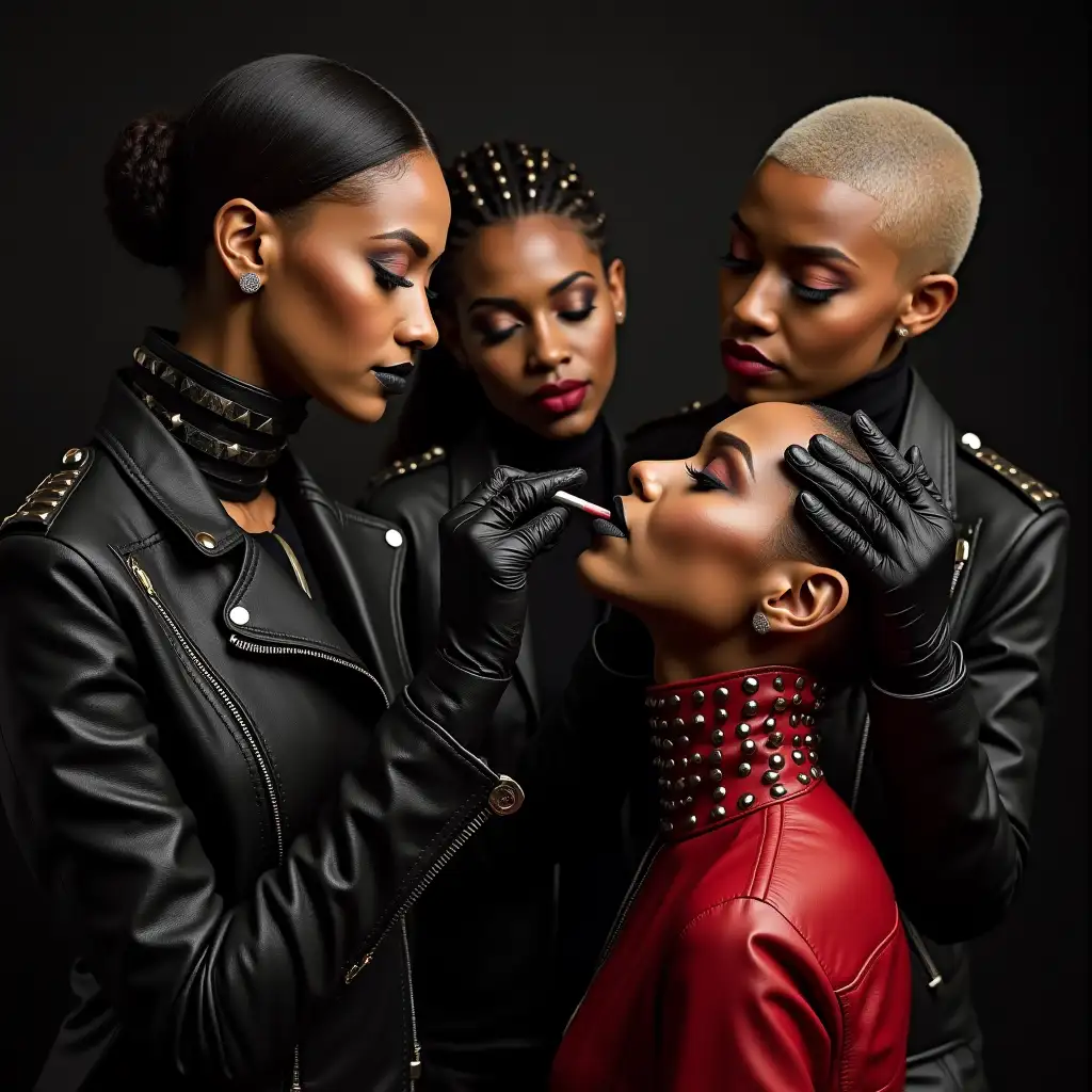 Black-Female-Makeup-Artists-Applying-Lipstick-on-Cynthia-Erivo-with-Leather-Fashion-Accessories