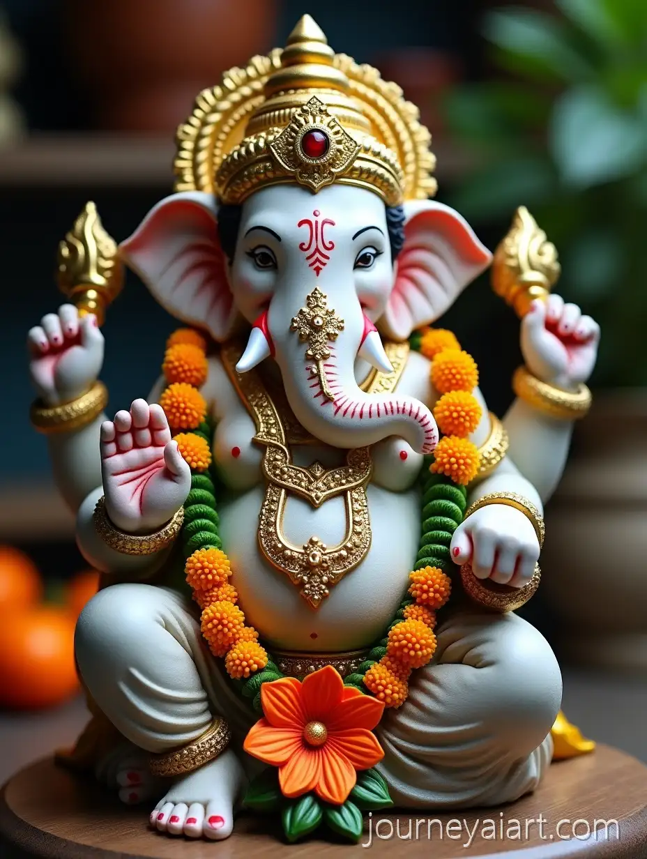 Stone-Lord-GanesAI-Art-Prompt-Expansionha-Statue-with-Glittering-Golden-Ornaments-and-Flower-Garland