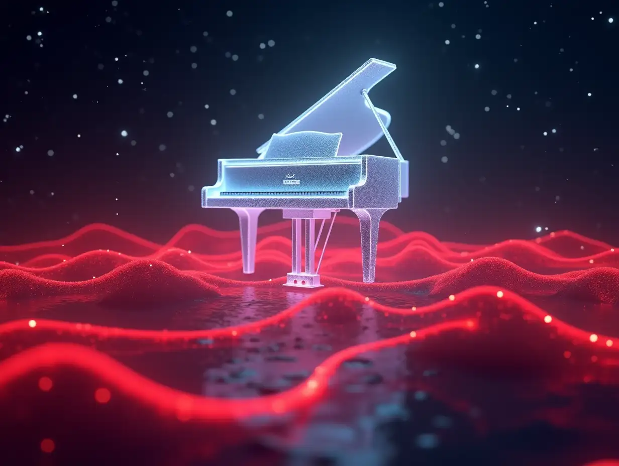 An ethereal landscape with a floating piano glowing in white light, digital synth bass red waves intertwining with red energetic glowing piano notes, and stars sparkling in the background