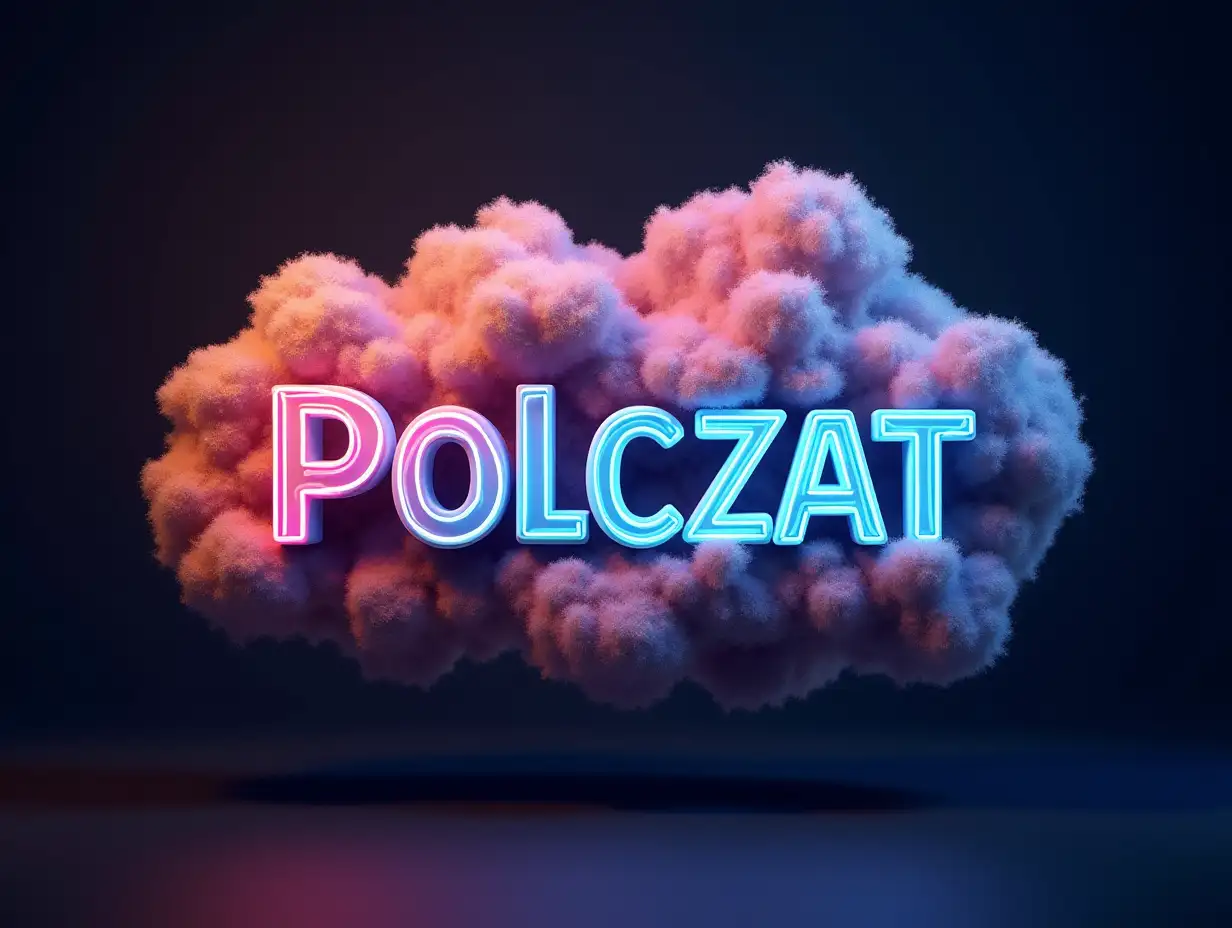 realistic 3D composition with curved letters, inscription POLCZAT. animated luminous, dark with gradient and multi-color elements, front view. Above the inscription chat logo imitating comic book clouds