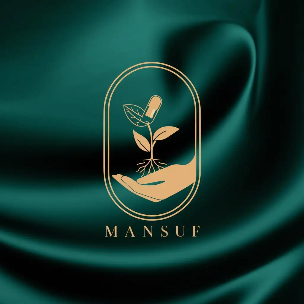 LOGO Design for MANSUF Sleek Oval with Golden Hand Sprouting Plant and Emerald Green Background