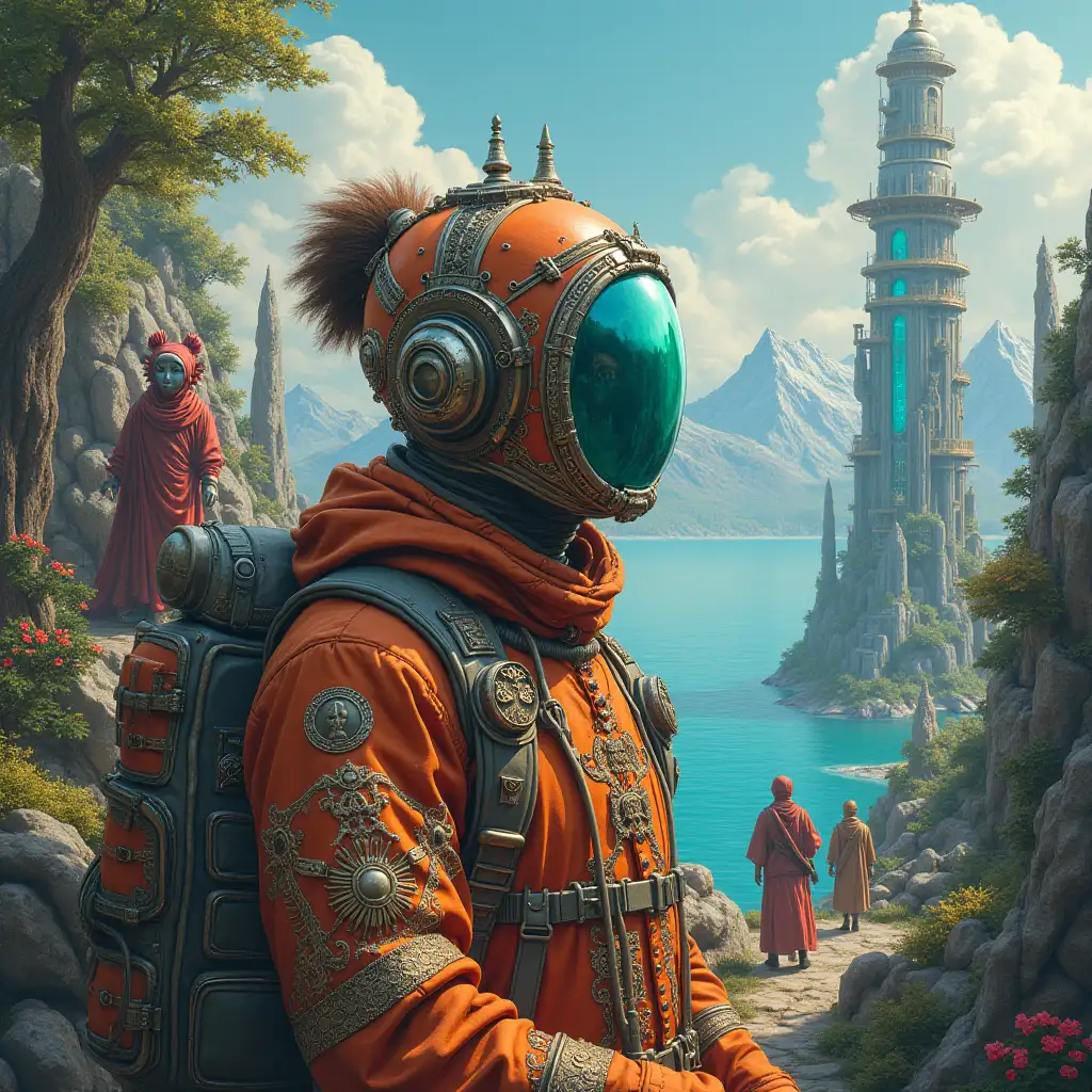 Ultradetailed hyperrealistic portrait  Multiverse time traveler with various strange beings with futuristic glass towers The elaborately detailed, colorful wooded , in the background mountains and sea